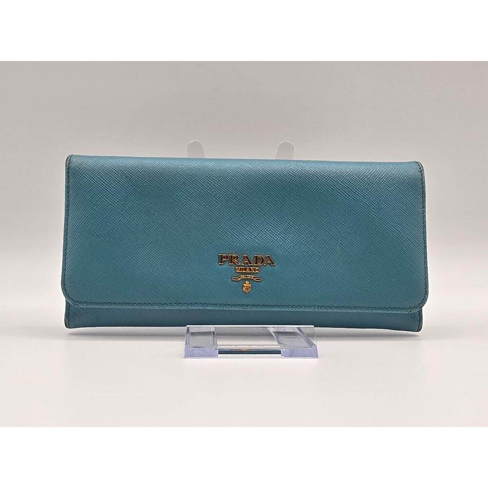 Prada Milano Blue Saffiano Leather Continental Wallet Gold Logo Italy Authentic